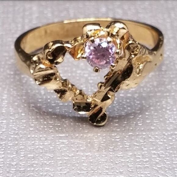 Vintage Hammered Heart Ring Pink Faceted CZ Stone Gold Nugget Rare Art Nouveau - Picture 1 of 15